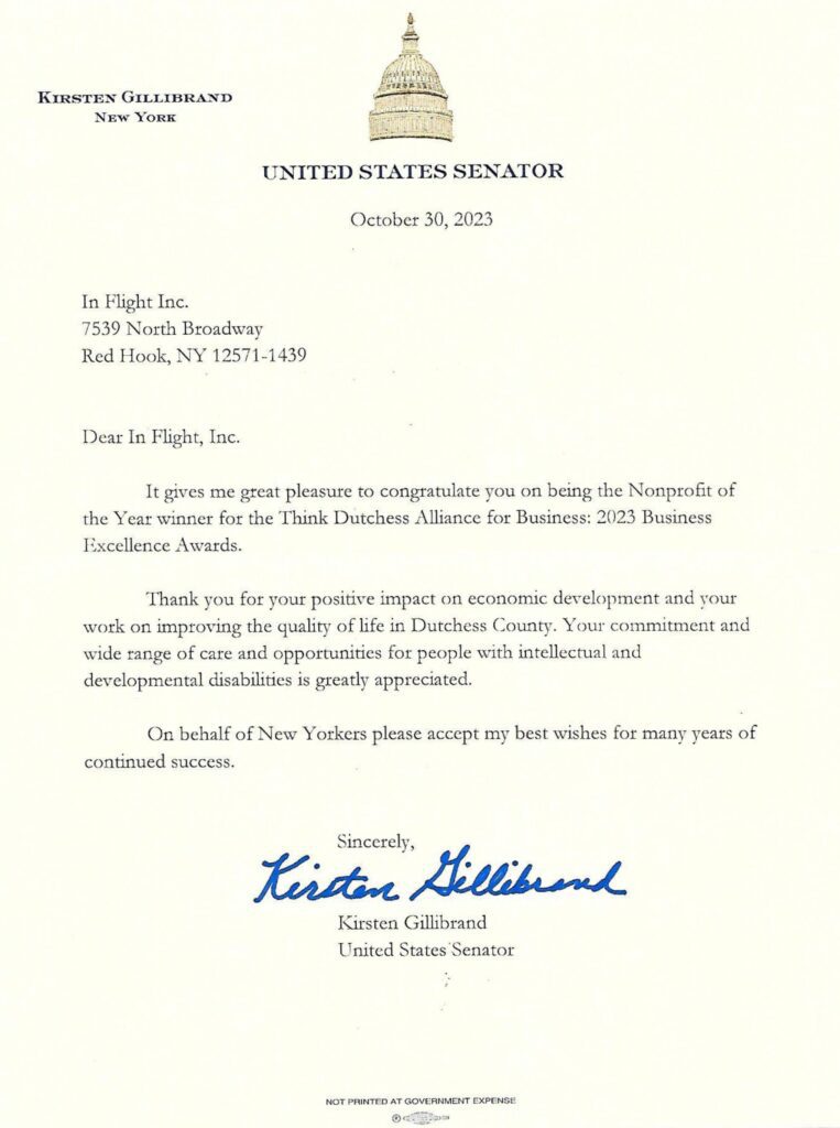 Nonprofit of the Year Award - Letter from Senator Gillibrand